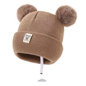 Brown Knit Beanie with Pom Poms